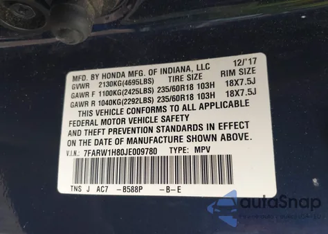 2018 Honda Cr-V Ex-L/Ex-L Navi из США, поврежденный, VIN 7FARW1H80JE009780